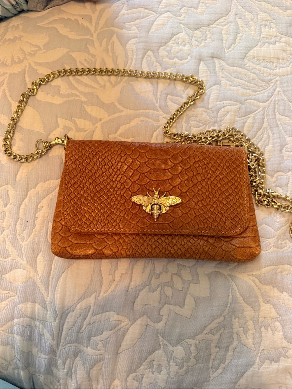 Textured Brown Crossbody Bag with Gold Bee Accent